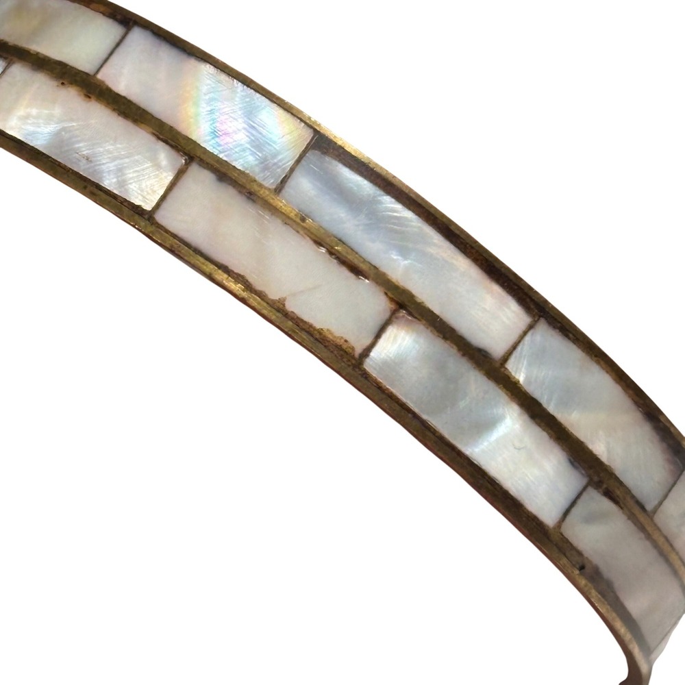 Vintage Brass Mother of Pearl Shell Inlay Brass Mosaic Bangle Bracelet
